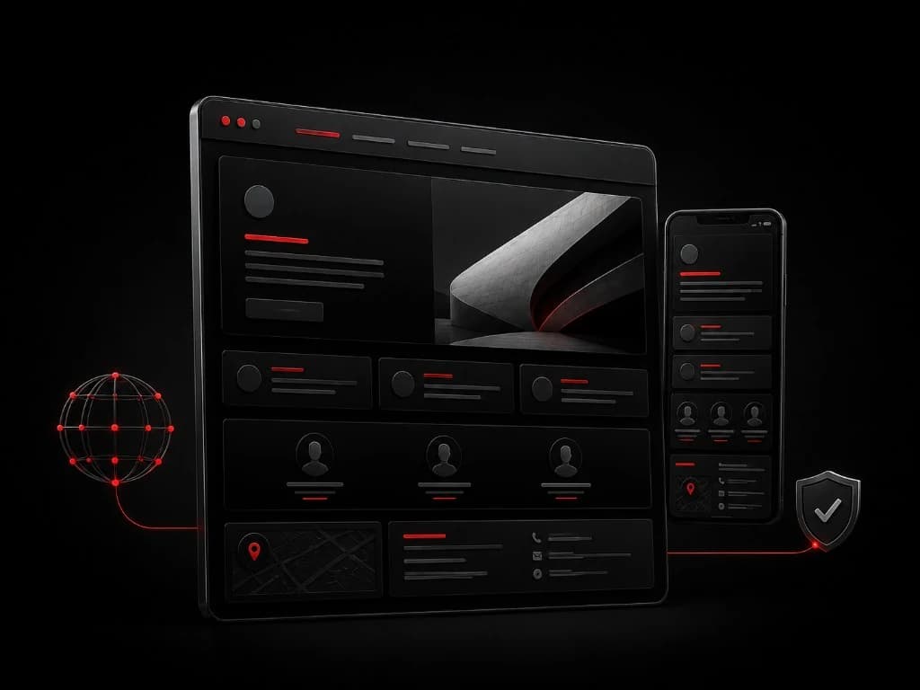 Mockup de site institucional em desktop e mobile com acentos vermelhos ADW